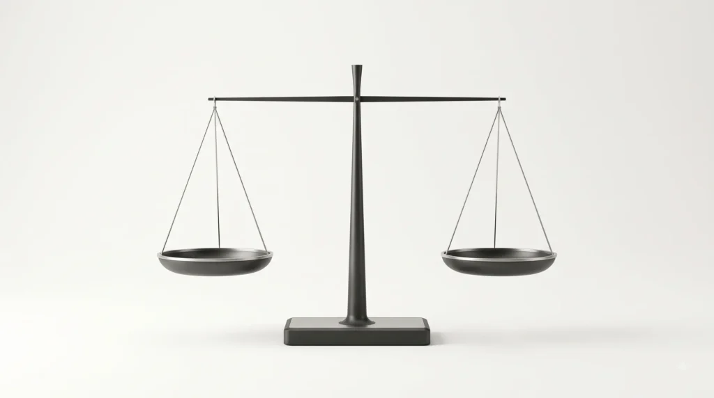 A minimalist black balance scale modeling macro debt dynamics and political intervention variables.