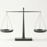 A minimalist black balance scale modeling macro debt dynamics and political intervention variables.