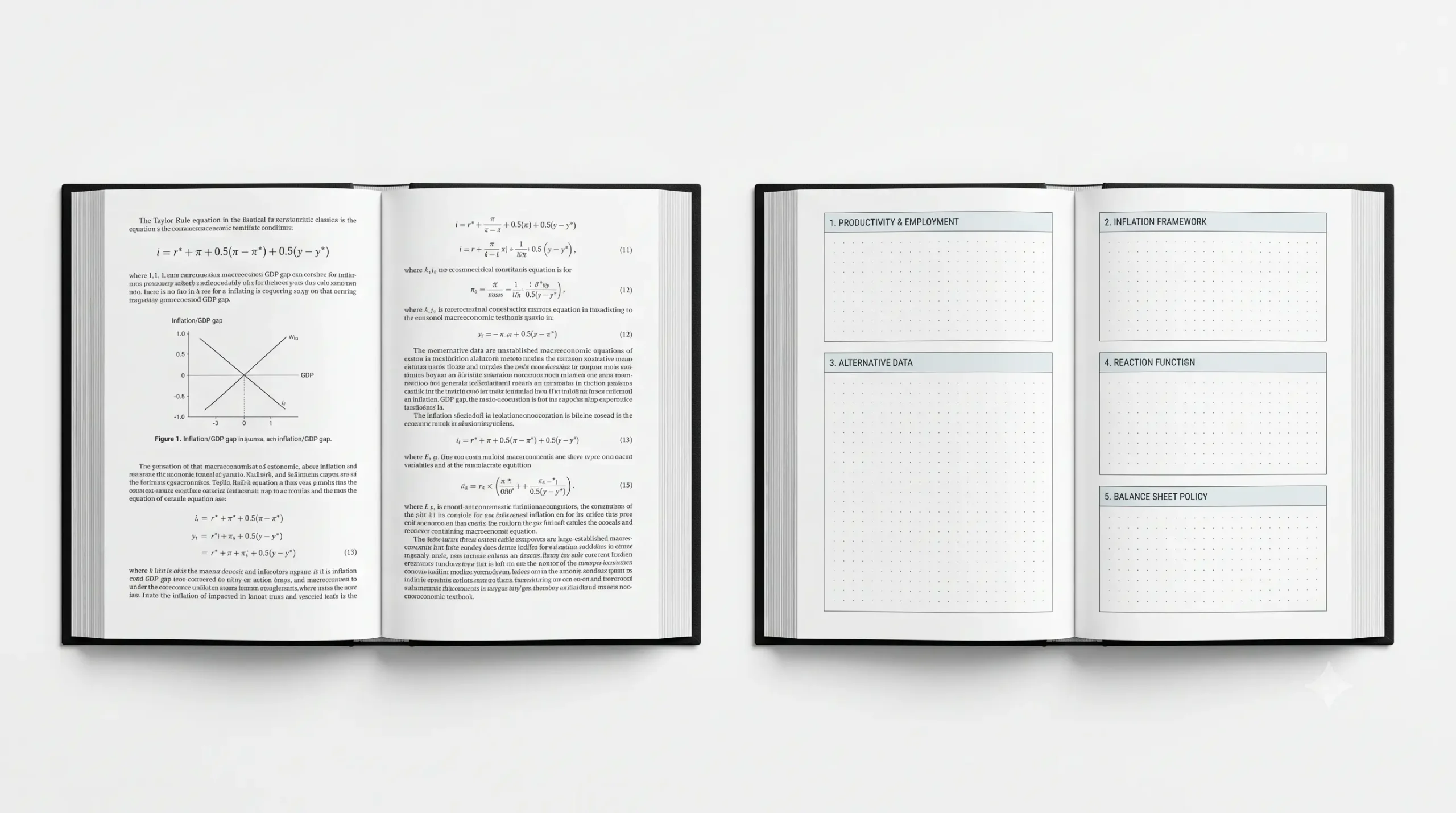 Two open notebooks comparing the classical Taylor Rule on the left and the unwritten AI task force framework on the right.