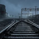A moody railway junction representing the crossroads of U.S. debt reset and digital currency transition.