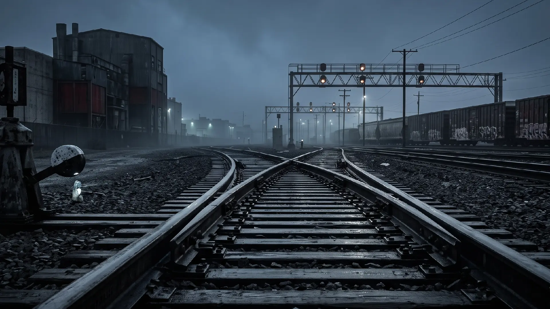 A moody railway junction representing the crossroads of U.S. debt reset and digital currency transition.